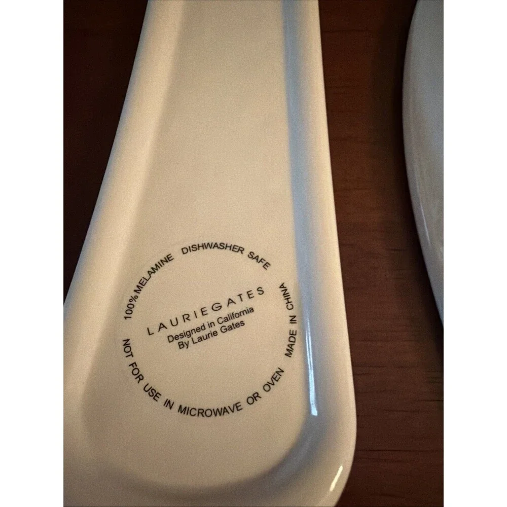 Laurie Gates Salad Server Tray Set Spoon & Fork White Teal Trim 10.5